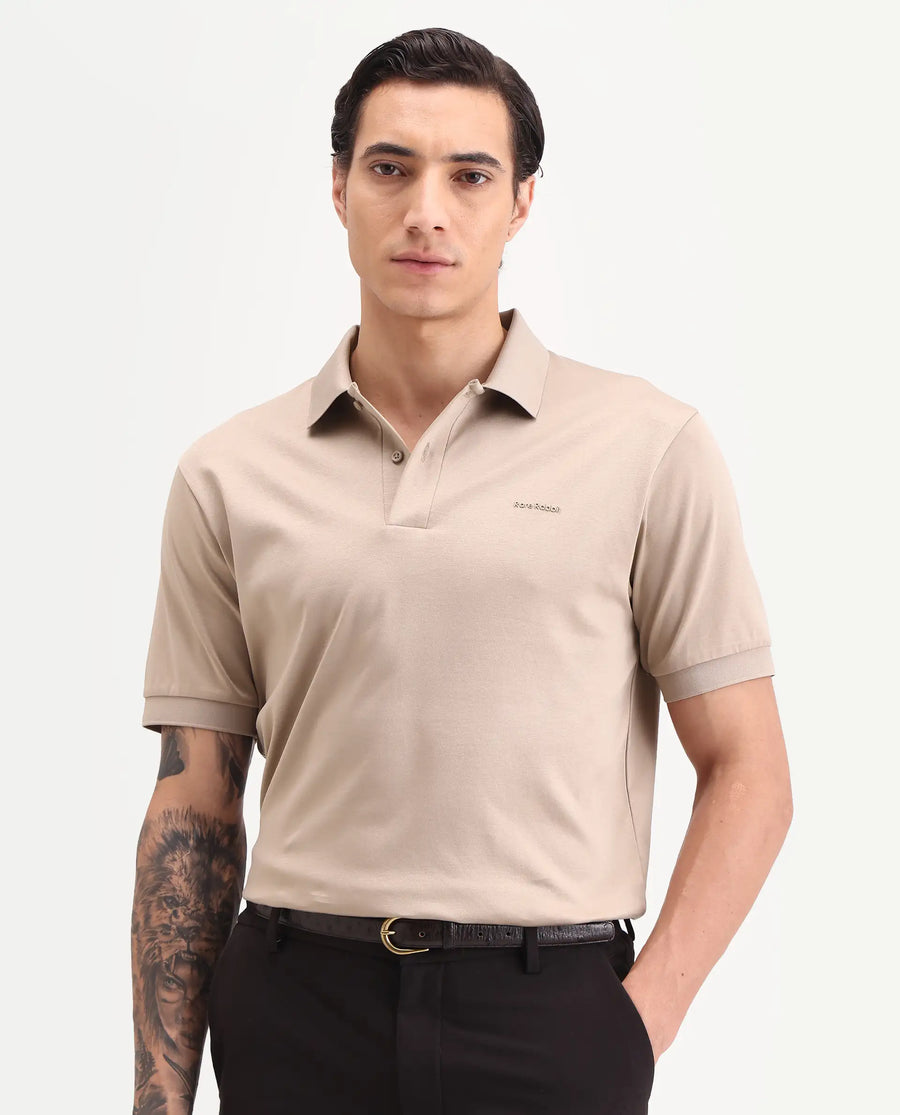 Rare Rabbit Men's Row-S26 Beige Cotton Fabric Half Sleeve Spread Collar Regular Fit Plain Polo