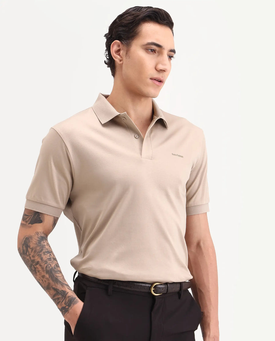 Rare Rabbit Men's Row-S26 Beige Cotton Fabric Half Sleeve Spread Collar Regular Fit Plain Polo
