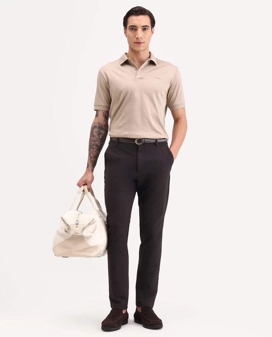 Rare Rabbit Men's Row-S26 Beige Cotton Fabric Half Sleeve Spread Collar Regular Fit Plain Polo