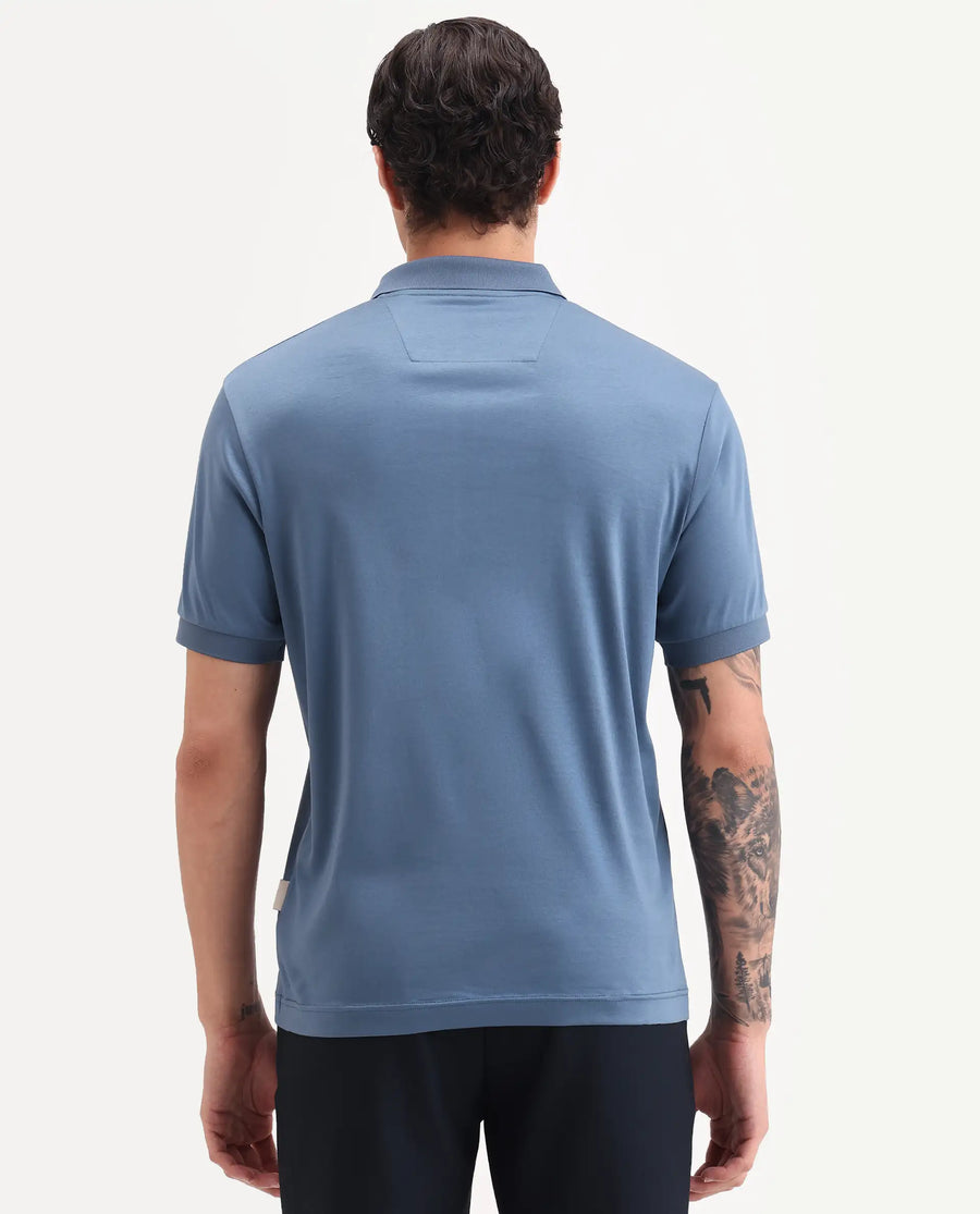 Rare Rabbit Men's Row-S26 Dusky Blue Cotton Fabric Half Sleeve Spread Collar Regular Fit Plain Polo