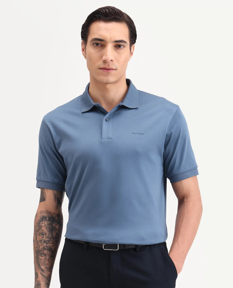 Rare Rabbit Men's Row-S26 Dusky Blue Cotton Fabric Half Sleeve Spread Collar Regular Fit Plain Polo