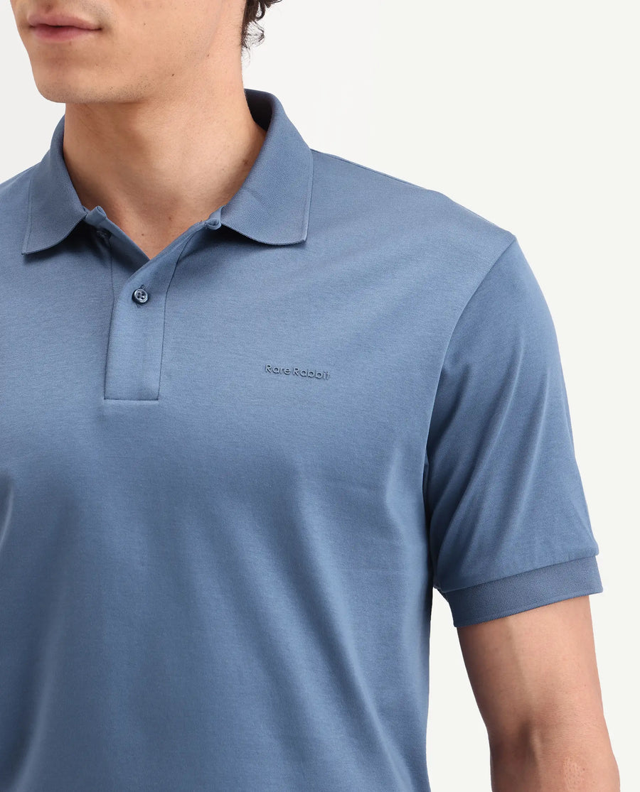 Rare Rabbit Men's Row-S26 Dusky Blue Cotton Fabric Half Sleeve Spread Collar Regular Fit Plain Polo