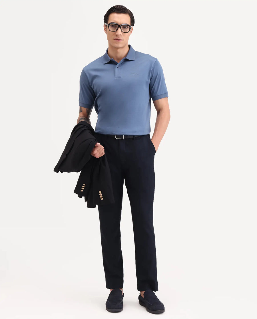 Rare Rabbit Men's Row-S26 Dusky Blue Cotton Fabric Half Sleeve Spread Collar Regular Fit Plain Polo
