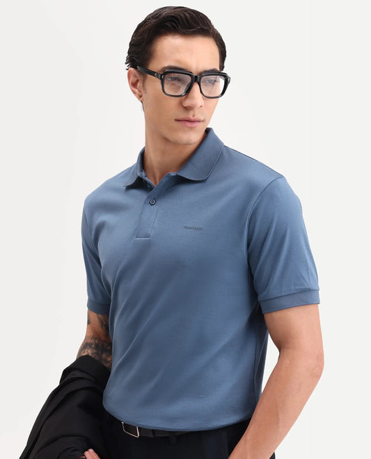 Rare Rabbit Men's Row-S26 Dusky Blue Cotton Fabric Half Sleeve Spread Collar Regular Fit Plain Polo