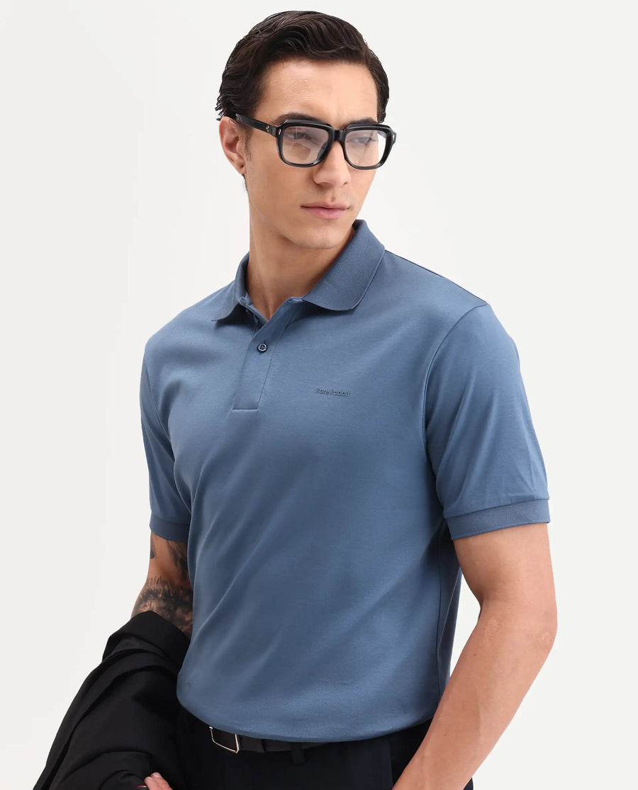 Rare Rabbit Men's Row-S26 Dusky Blue Cotton Fabric Half Sleeve Spread Collar Regular Fit Plain Polo
