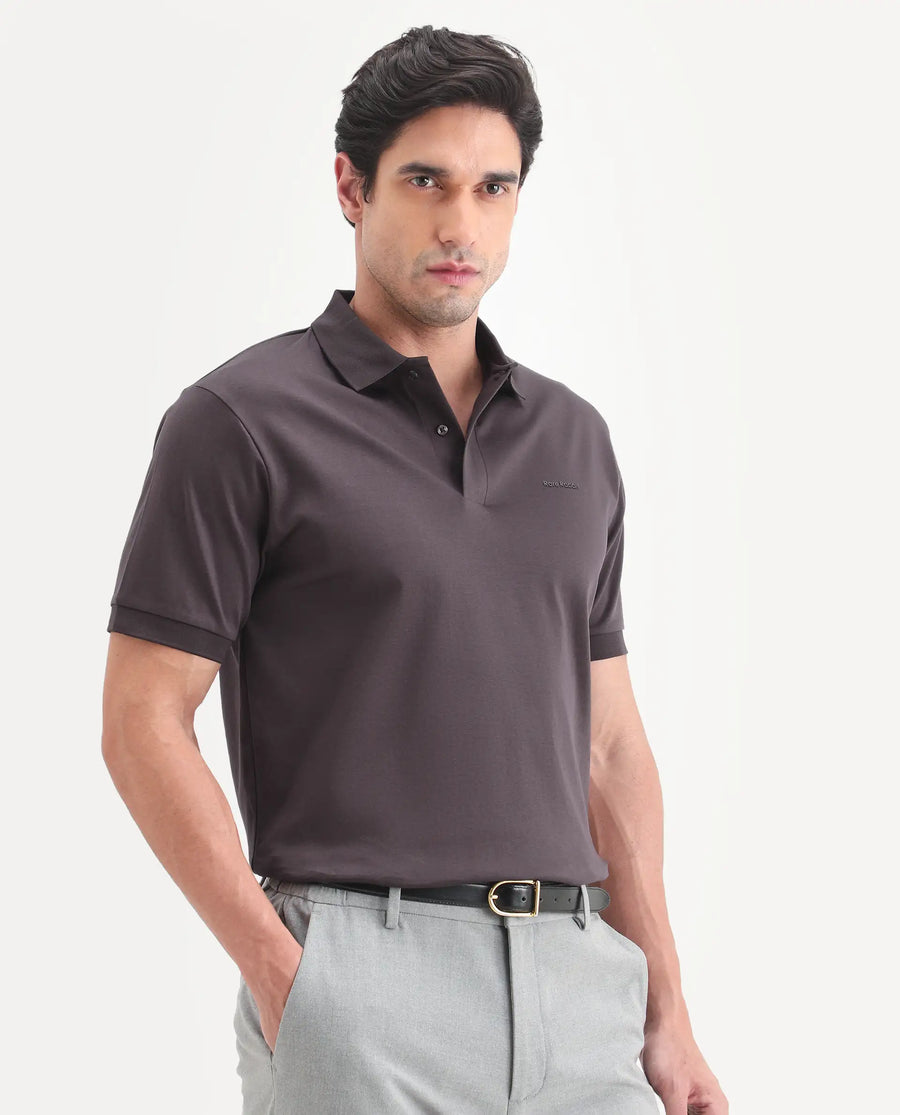 Rare Rabbit Men's Row-S26 Brown Cotton Fabric Half Sleeve Spread Collar Regular Fit Plain Polo