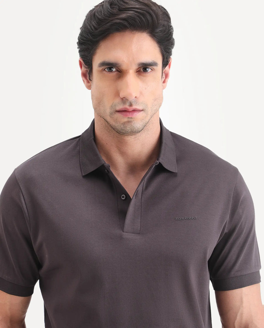 Rare Rabbit Men's Row-S26 Brown Cotton Fabric Half Sleeve Spread Collar Regular Fit Plain Polo