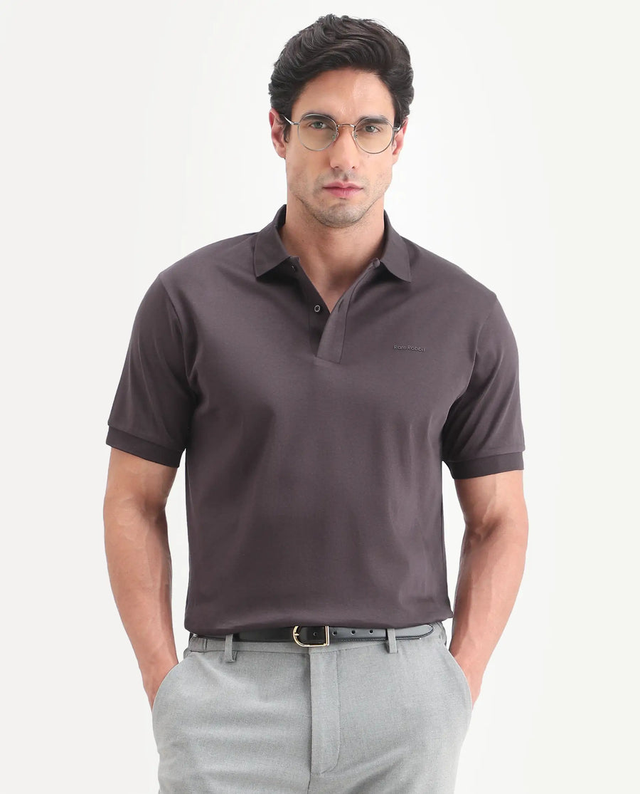 Rare Rabbit Men's Row-S26 Brown Cotton Fabric Half Sleeve Spread Collar Regular Fit Plain Polo