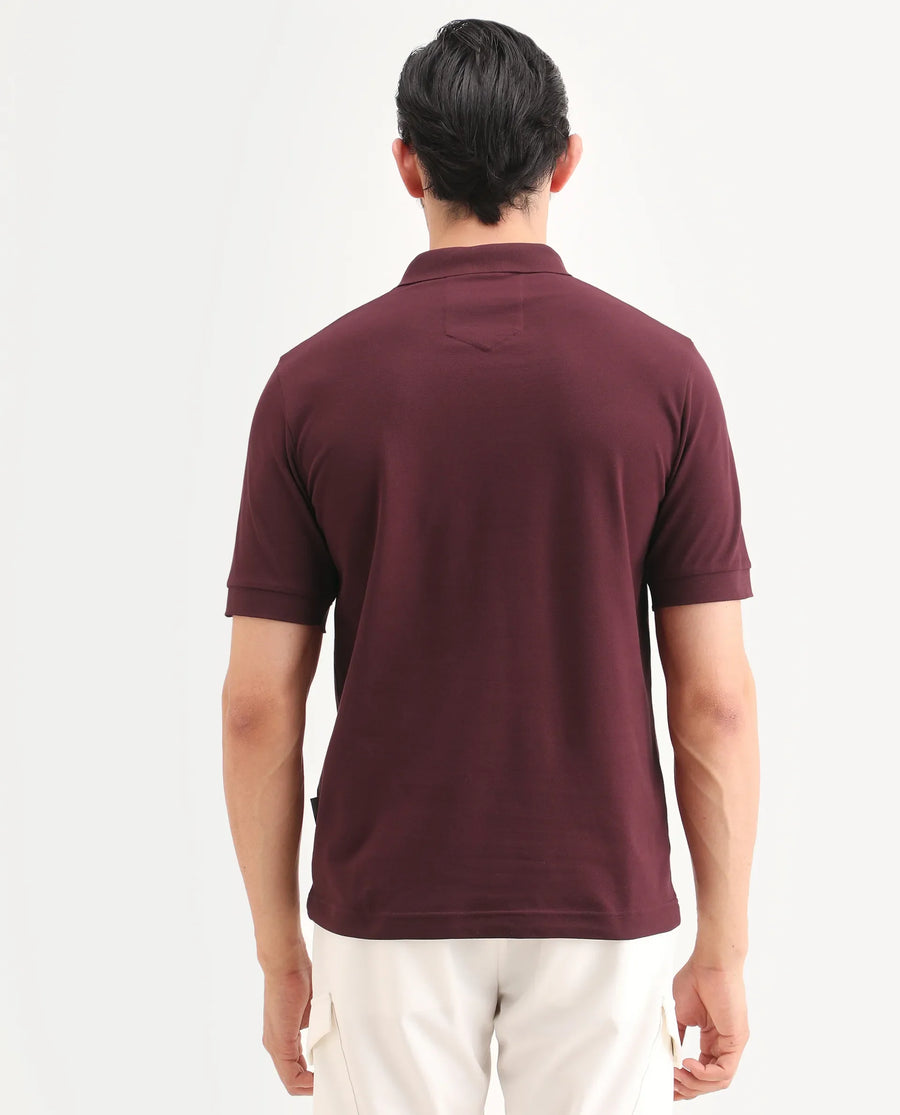 Rare Rabbit Men's Salis-S26 Dark Red Cotton Blend Fabric Half Sleeve Spread Collar Regular Fit Plain Polo