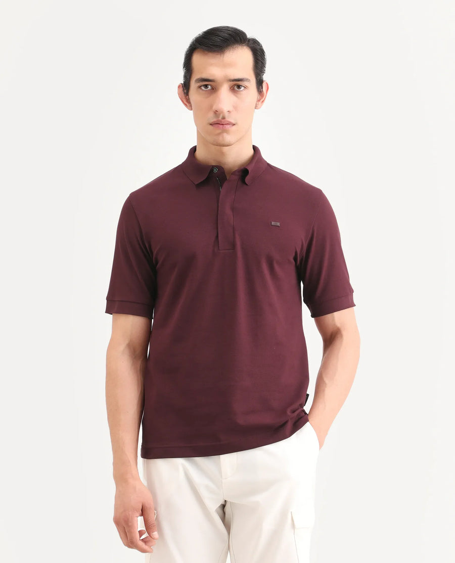 Rare Rabbit Men's Salis-S26 Dark Red Cotton Blend Fabric Half Sleeve Spread Collar Regular Fit Plain Polo
