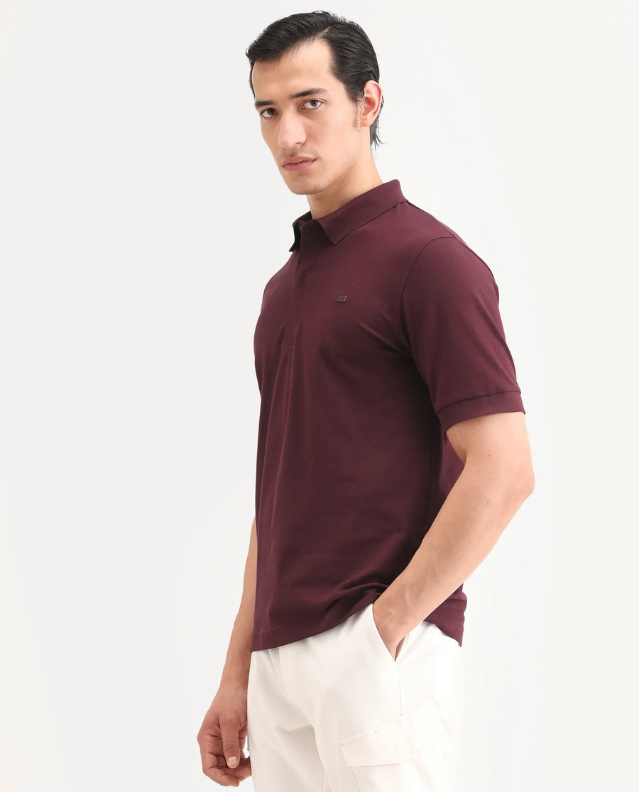 Rare Rabbit Men's Salis-S26 Dark Red Cotton Blend Fabric Half Sleeve Spread Collar Regular Fit Plain Polo