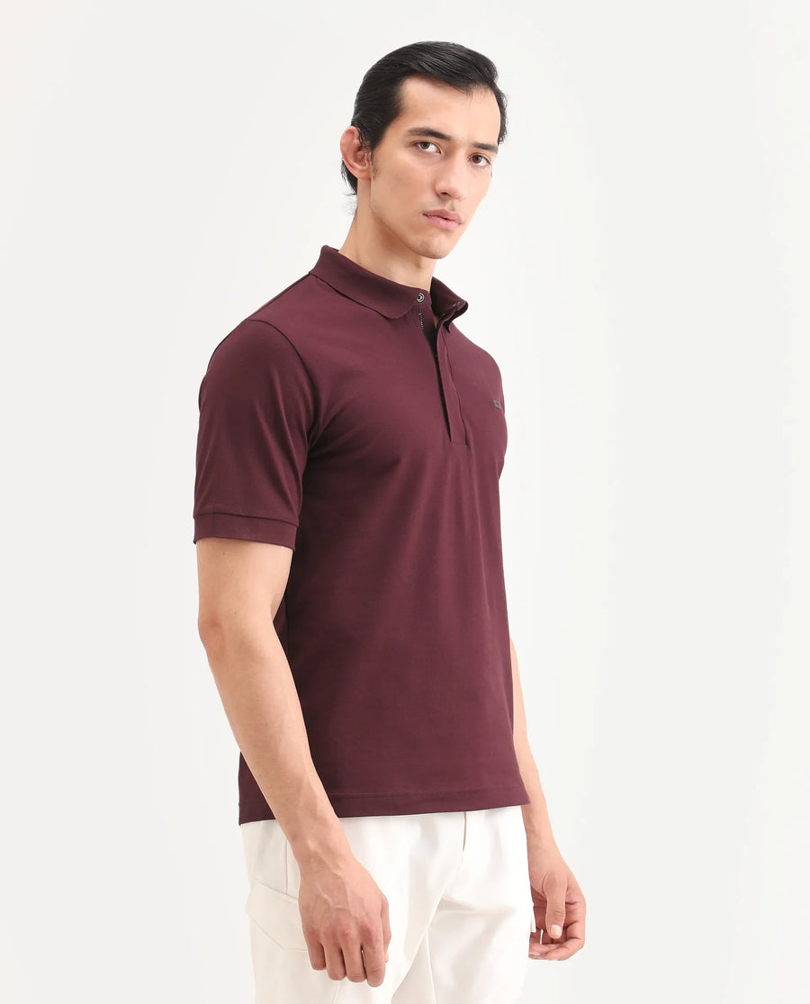 Rare Rabbit Men's Salis-S26 Dark Red Cotton Blend Fabric Half Sleeve Spread Collar Regular Fit Plain Polo