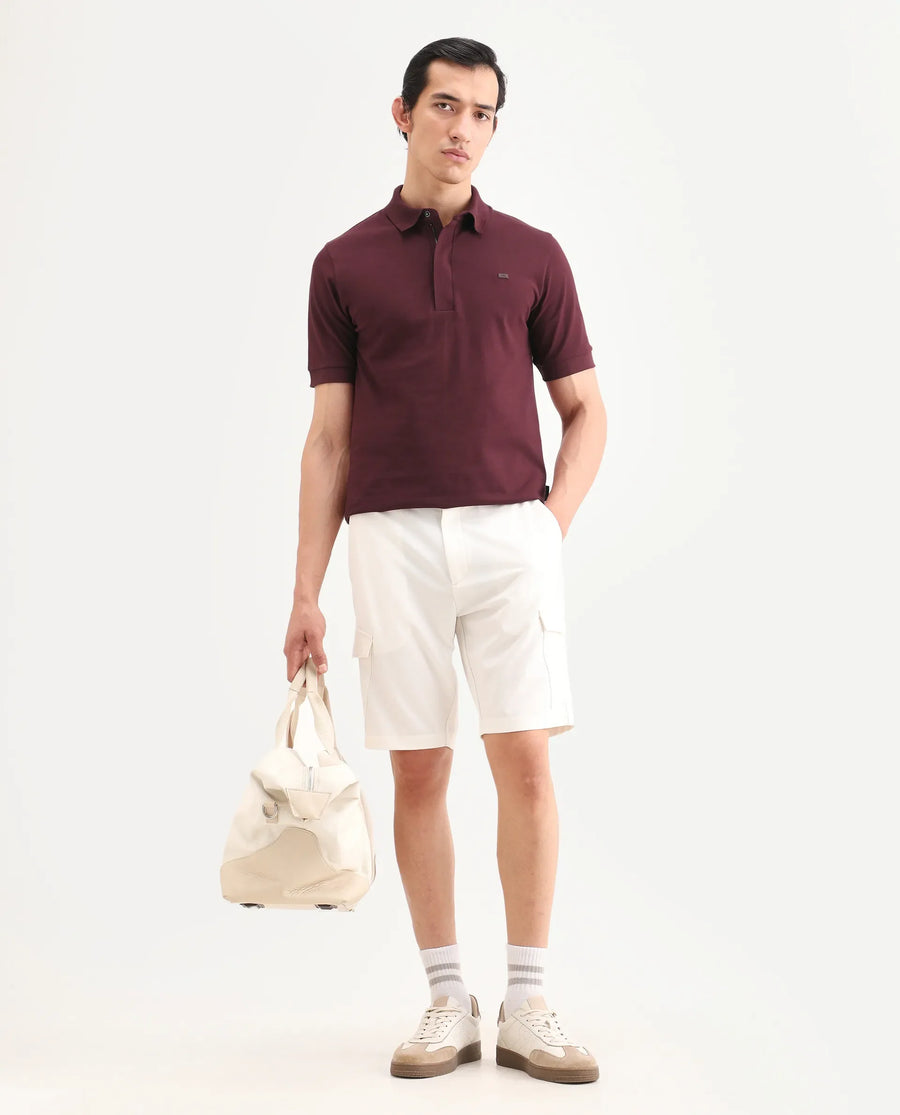 Rare Rabbit Men's Salis-S26 Dark Red Cotton Blend Fabric Half Sleeve Spread Collar Regular Fit Plain Polo