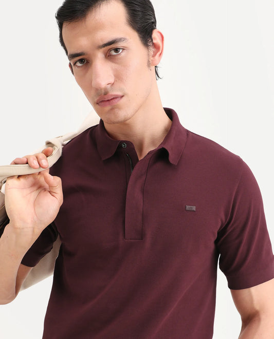 Rare Rabbit Men's Salis-S26 Dark Red Cotton Blend Fabric Half Sleeve Spread Collar Regular Fit Plain Polo