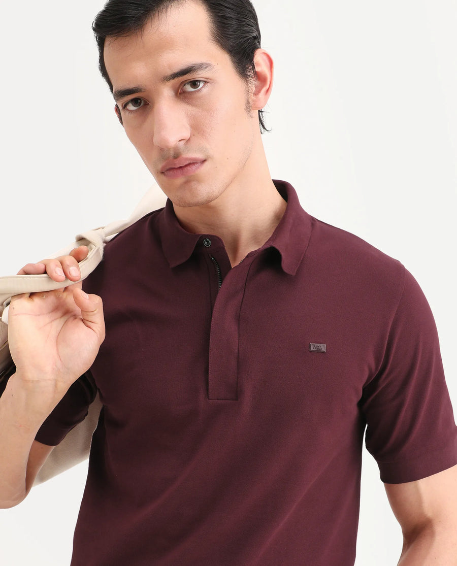 Rare Rabbit Men's Salis-S26 Dark Red Cotton Blend Fabric Half Sleeve Spread Collar Regular Fit Plain Polo