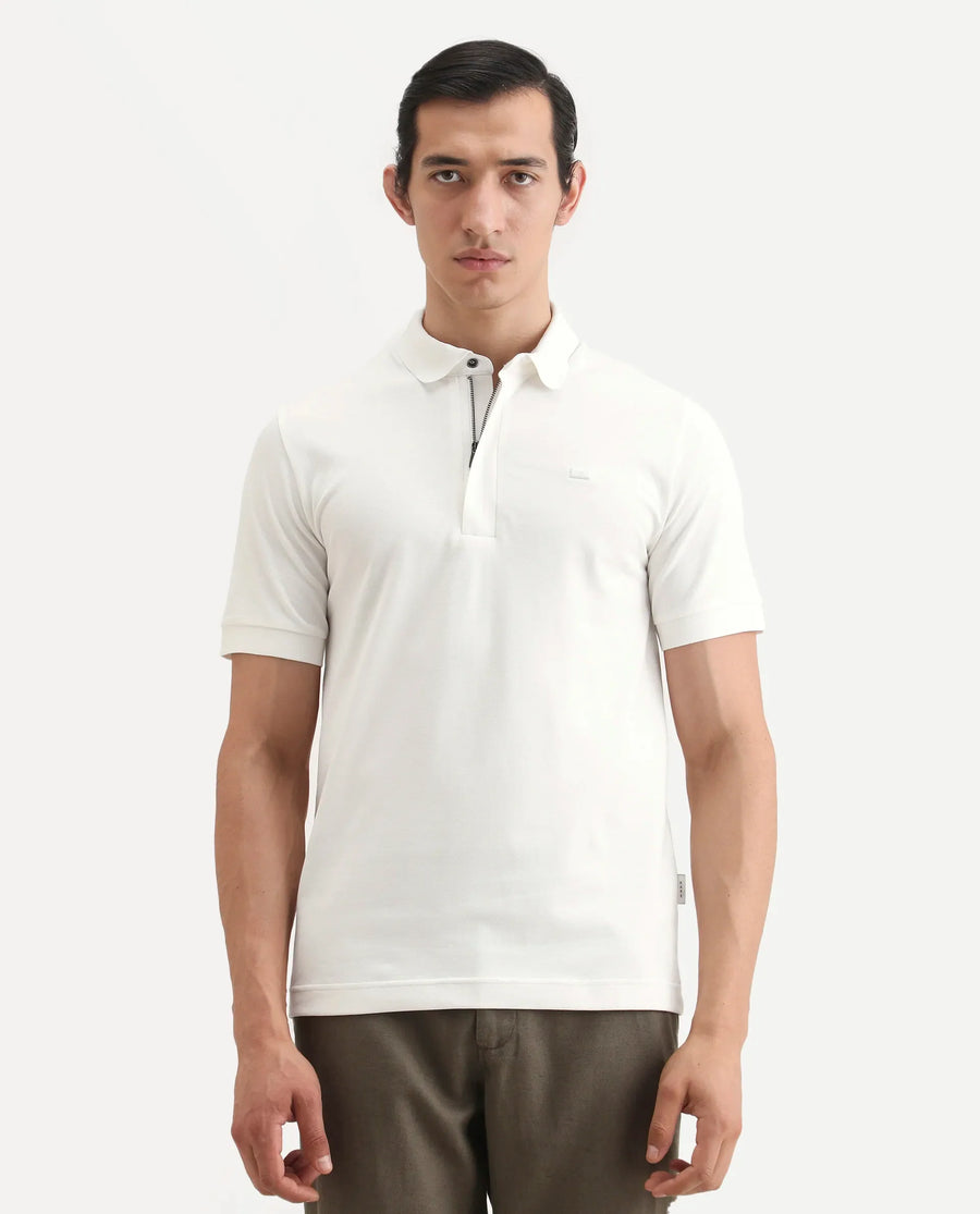 Rare Rabbit Men's Salis-S26 White Cotton Blend Fabric Half Sleeve Spread Collar Regular Fit Plain Polo