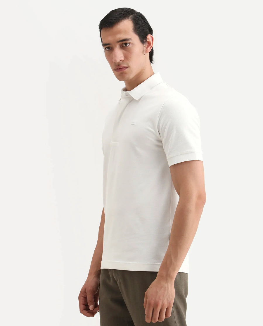 Rare Rabbit Men's Salis-S26 White Cotton Blend Fabric Half Sleeve Spread Collar Regular Fit Plain Polo