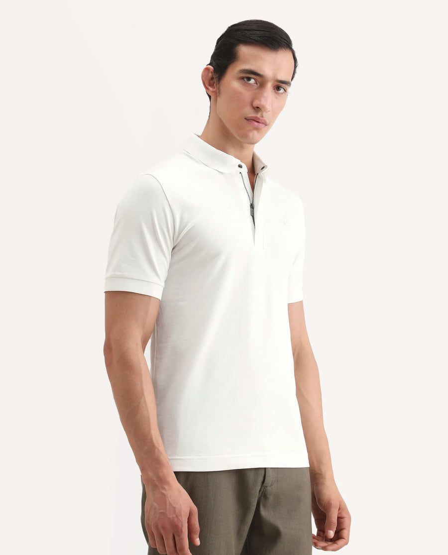 Rare Rabbit Men's Salis-S26 White Cotton Blend Fabric Half Sleeve Spread Collar Regular Fit Plain Polo