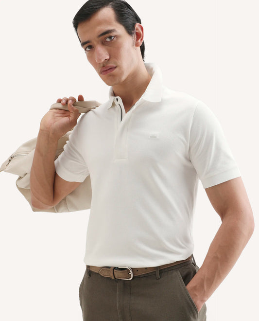 Rare Rabbit Men's Salis-S26 White Cotton Blend Fabric Half Sleeve Spread Collar Regular Fit Plain Polo