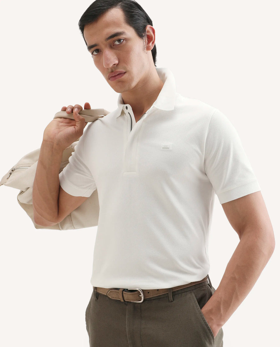 Rare Rabbit Men's Salis-S26 White Cotton Blend Fabric Half Sleeve Spread Collar Regular Fit Plain Polo