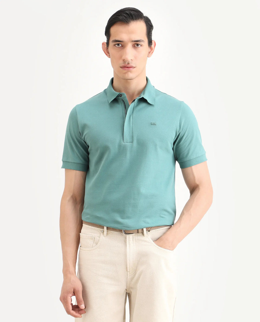 Rare Rabbit Men's Salis-S26 Dusky Green Cotton Blend Fabric Half Sleeve Spread Collar Regular Fit Plain Polo