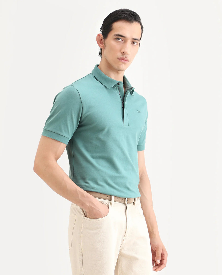 Rare Rabbit Men's Salis-S26 Dusky Green Cotton Blend Fabric Half Sleeve Spread Collar Regular Fit Plain Polo