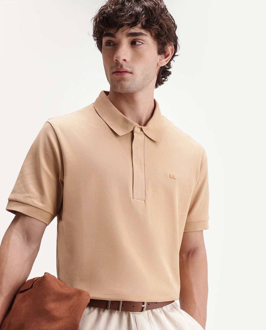 Rare Rabbit Men's Salis-S26 Light Yellow Cotton Blend Fabric Half Sleeve Spread Collar Regular Fit Plain Polo