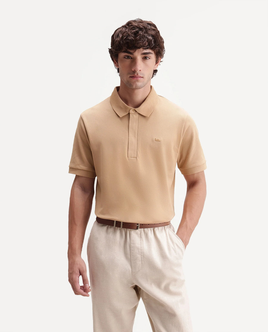 Rare Rabbit Men's Salis-S26 Light Yellow Cotton Blend Fabric Half Sleeve Spread Collar Regular Fit Plain Polo