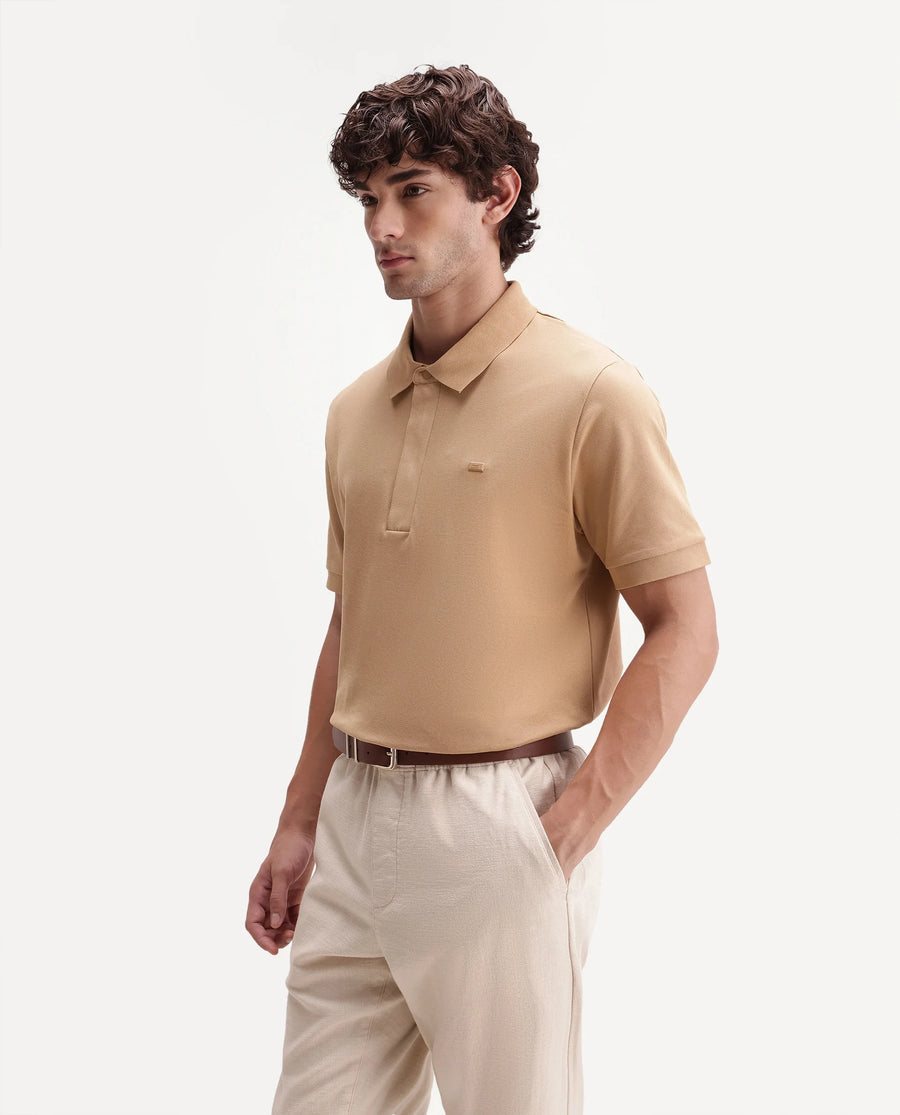 Rare Rabbit Men's Salis-S26 Light Yellow Cotton Blend Fabric Half Sleeve Spread Collar Regular Fit Plain Polo
