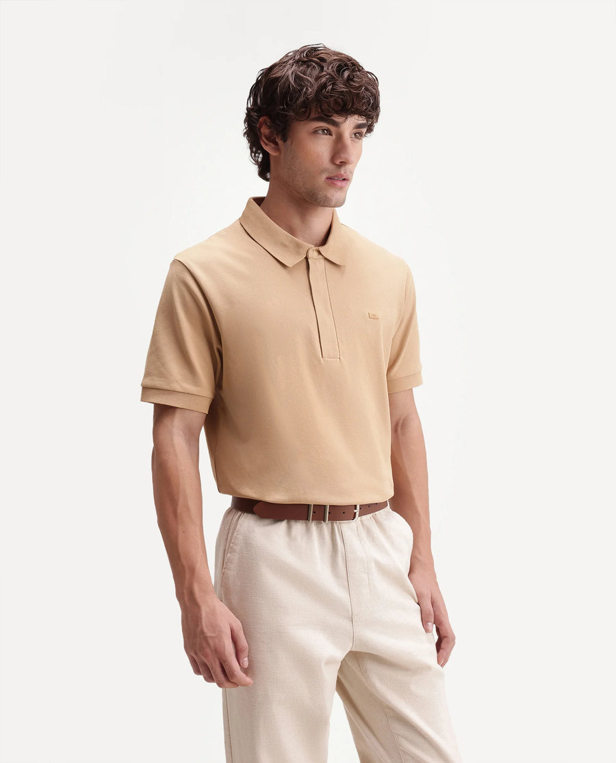 Rare Rabbit Men's Salis-S26 Light Yellow Cotton Blend Fabric Half Sleeve Spread Collar Regular Fit Plain Polo