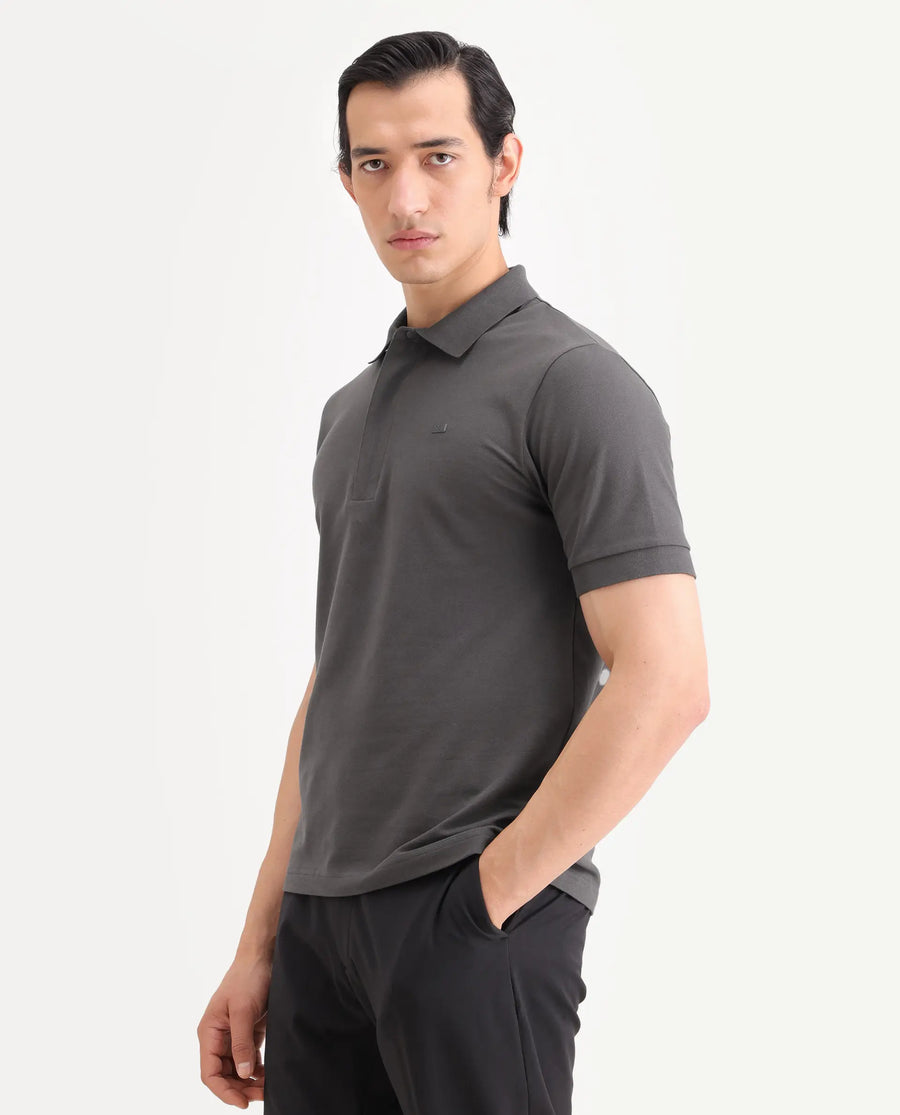 Rare Rabbit Men's Salis-S26 Grey Cotton Blend Fabric Half Sleeve Spread Collar Regular Fit Plain Polo