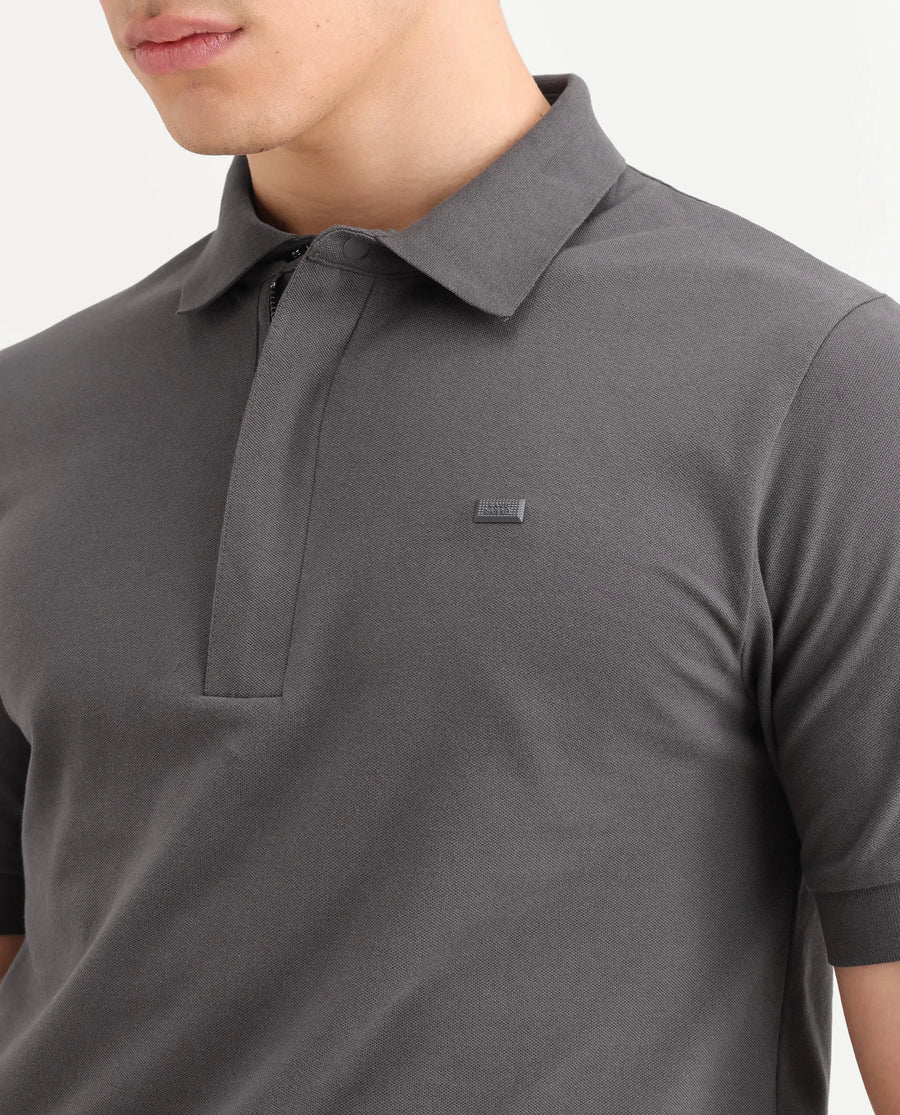 Rare Rabbit Men's Salis-S26 Grey Cotton Blend Fabric Half Sleeve Spread Collar Regular Fit Plain Polo