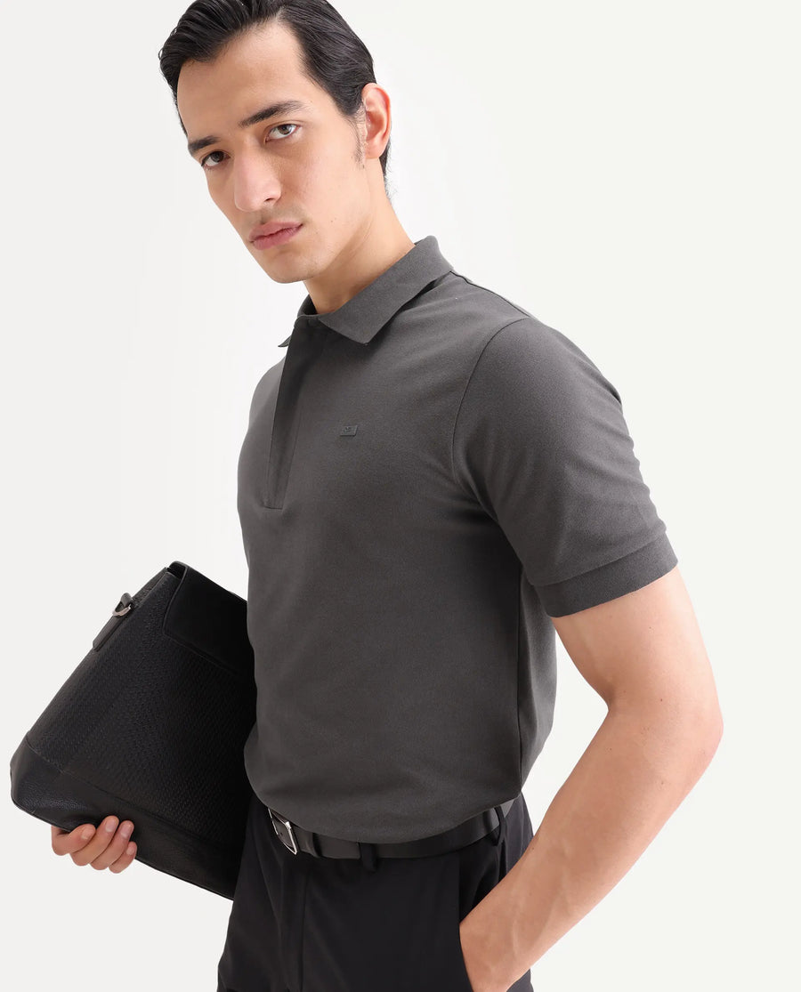 Rare Rabbit Men's Salis-S26 Grey Cotton Blend Fabric Half Sleeve Spread Collar Regular Fit Plain Polo