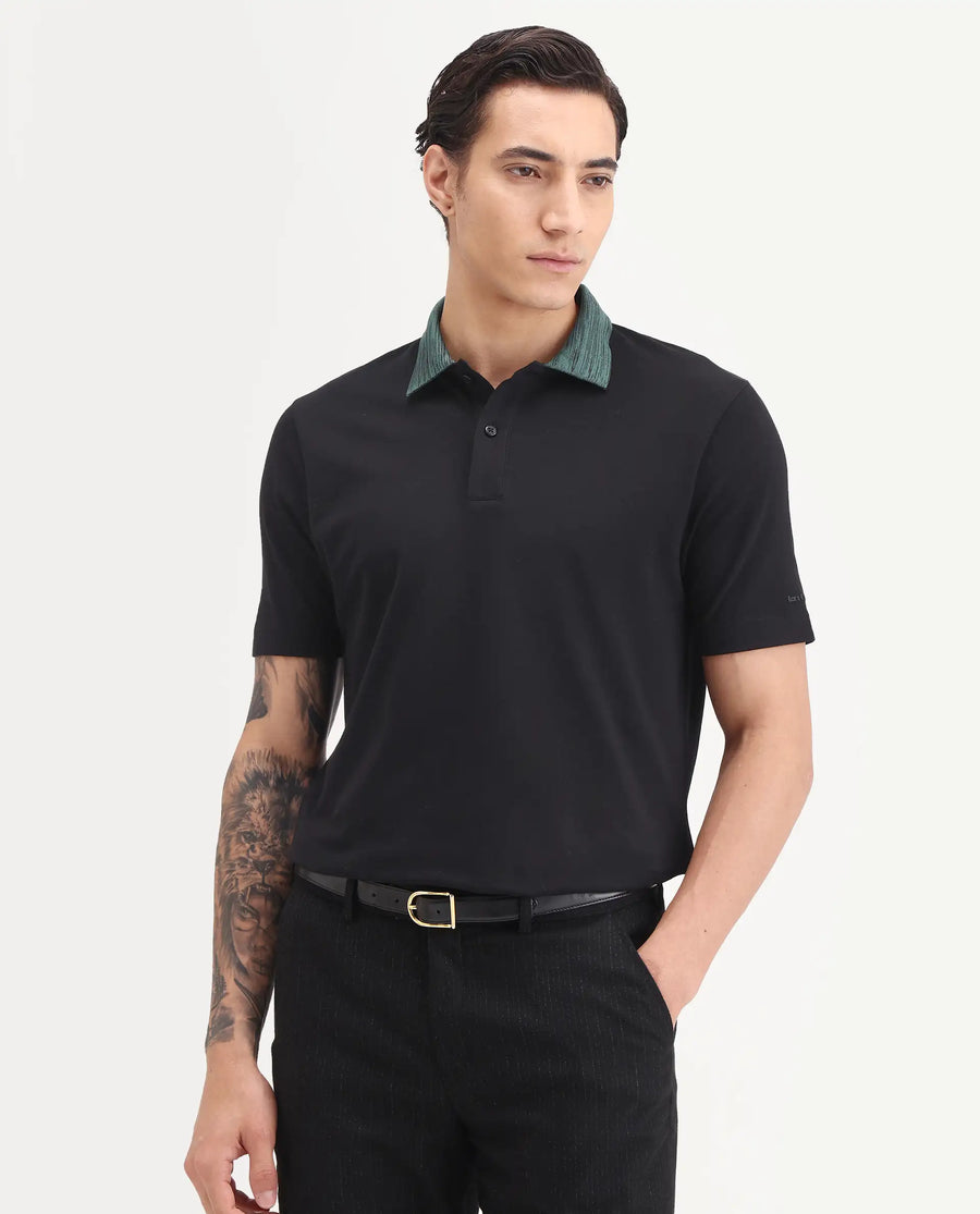Rare Rabbit Men's Spat Black Cotton Blend Fabric Half Sleeve Spread Collar Regular Fit Plain Polo