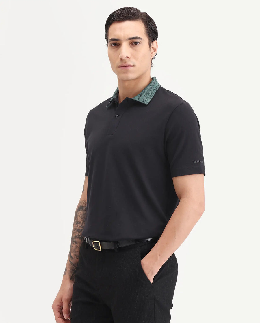 Rare Rabbit Men's Spat Black Cotton Blend Fabric Half Sleeve Spread Collar Regular Fit Plain Polo