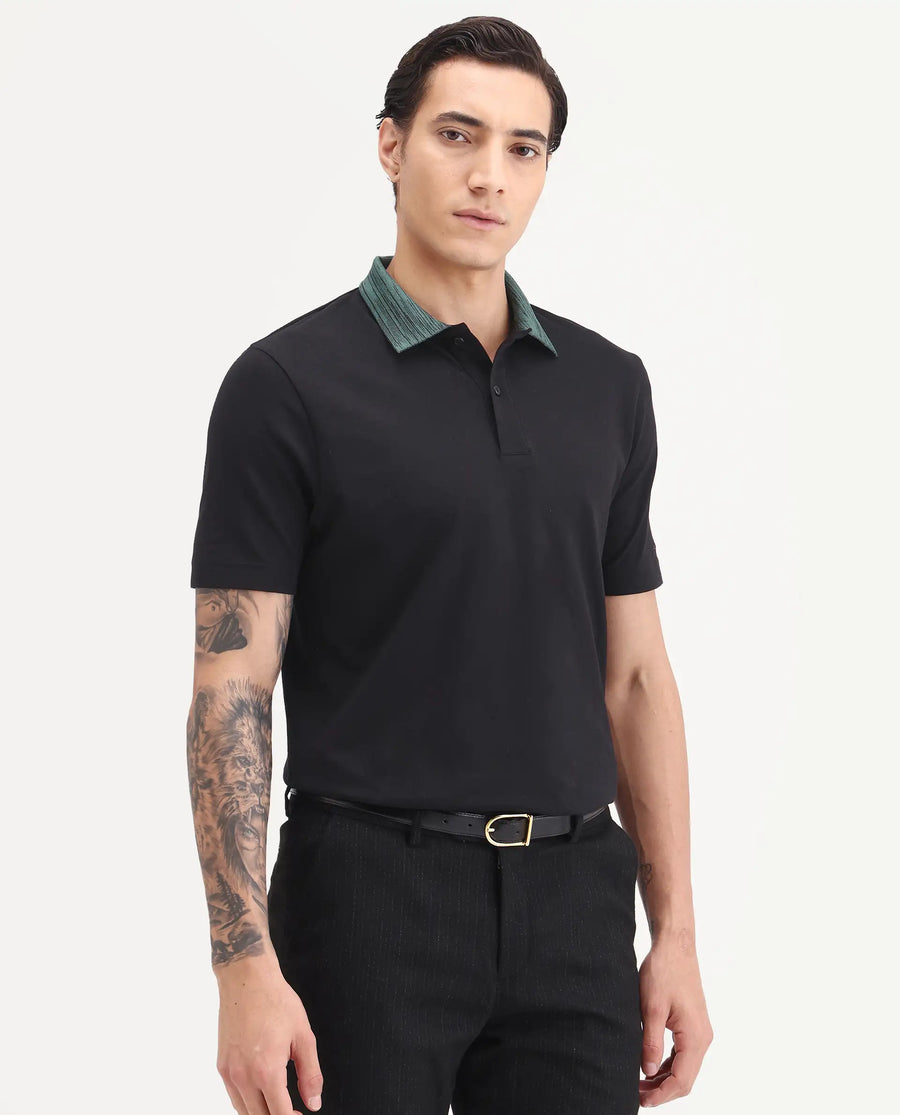 Rare Rabbit Men's Spat Black Cotton Blend Fabric Half Sleeve Spread Collar Regular Fit Plain Polo