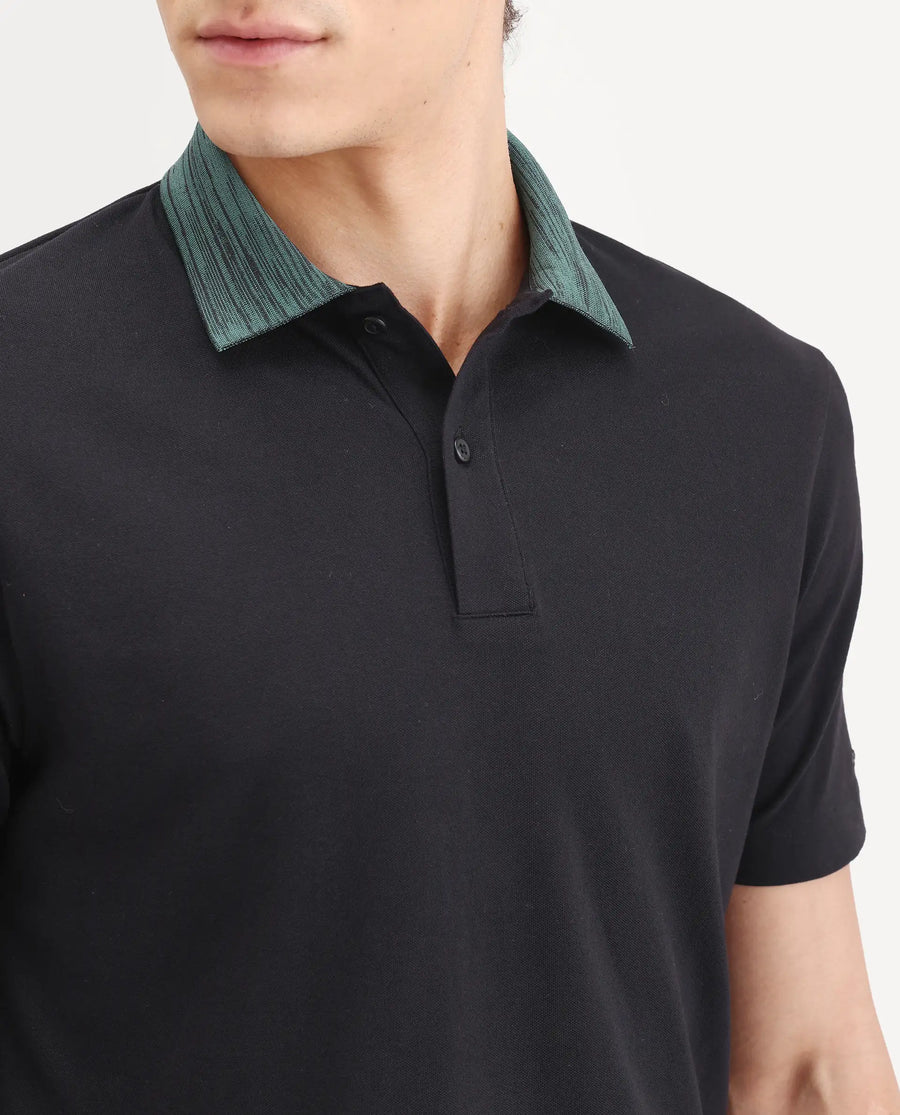 Rare Rabbit Men's Spat Black Cotton Blend Fabric Half Sleeve Spread Collar Regular Fit Plain Polo