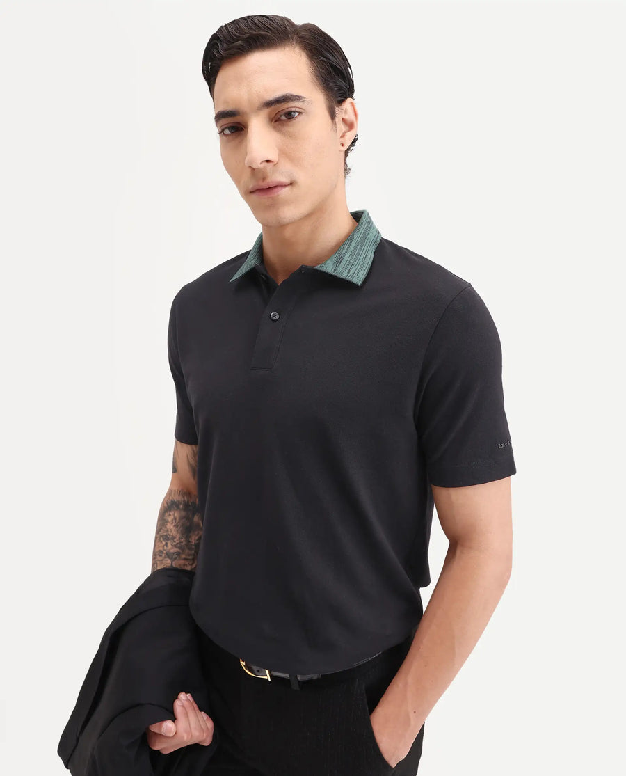 Rare Rabbit Men's Spat Black Cotton Blend Fabric Half Sleeve Spread Collar Regular Fit Plain Polo