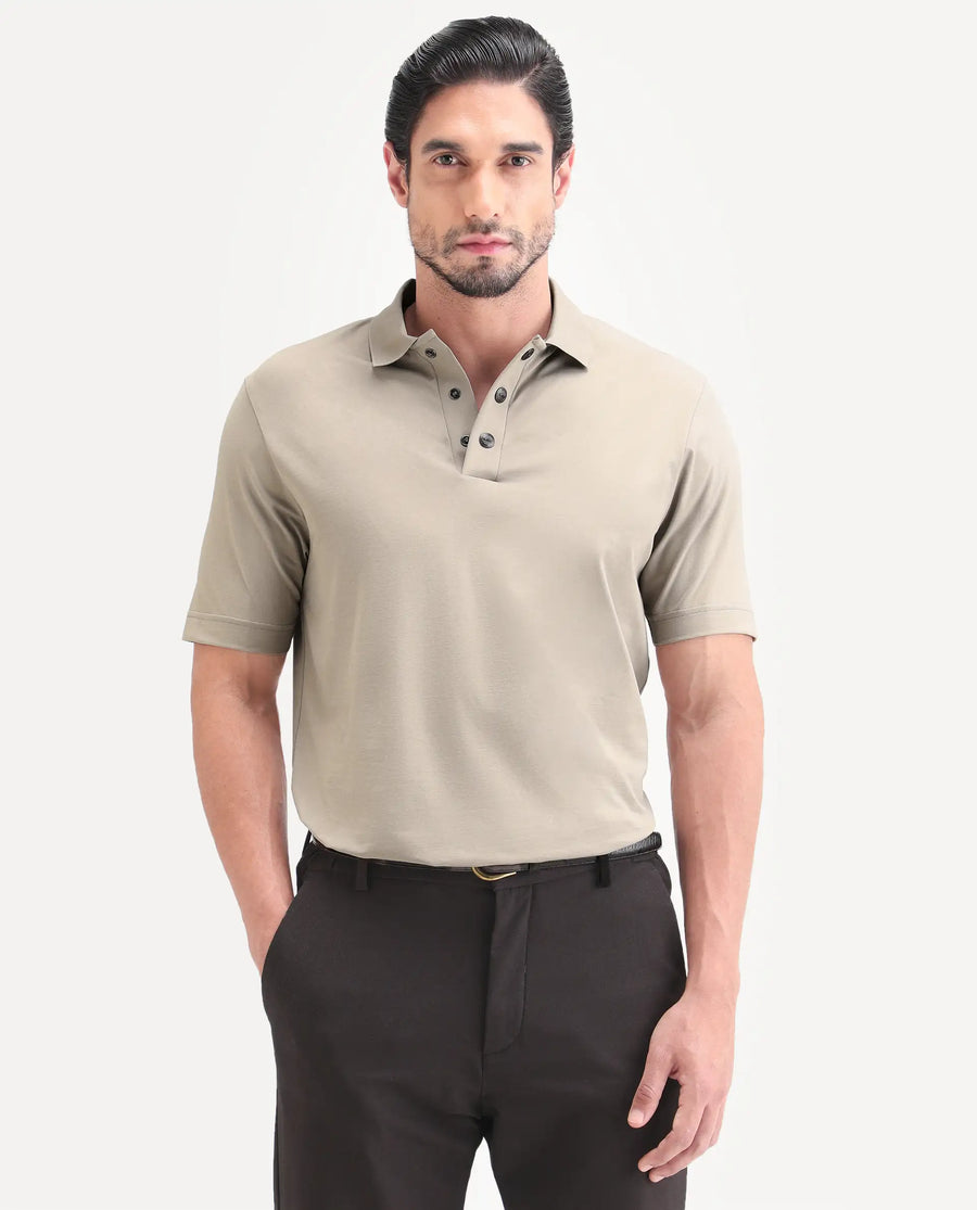 Rare Rabbit Men's Tang-S26 Dusky Beige Cotton Blend Fabric Half Sleeve Spread Collar Regular Fit Plain Polo