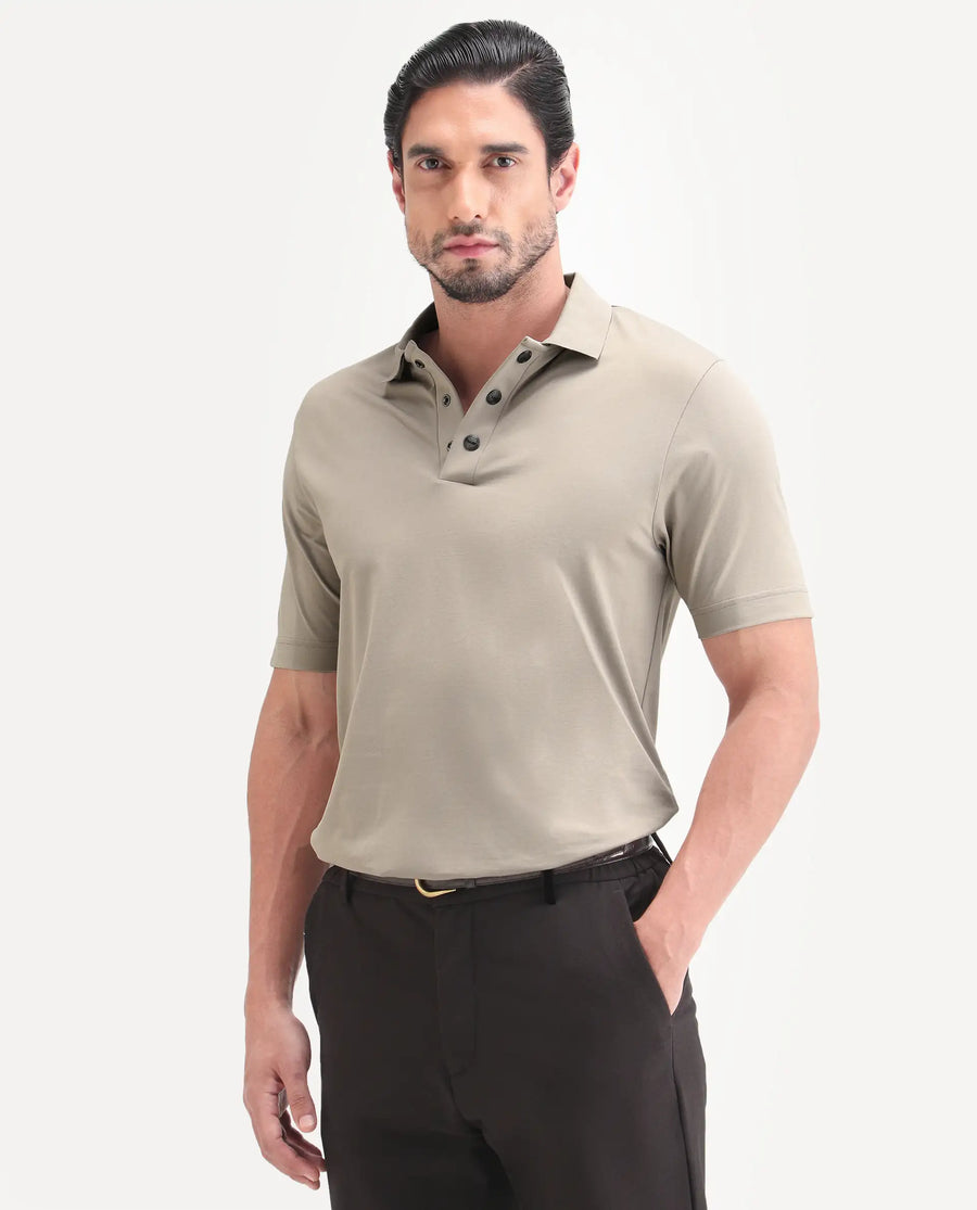 Rare Rabbit Men's Tang-S26 Dusky Beige Cotton Blend Fabric Half Sleeve Spread Collar Regular Fit Plain Polo