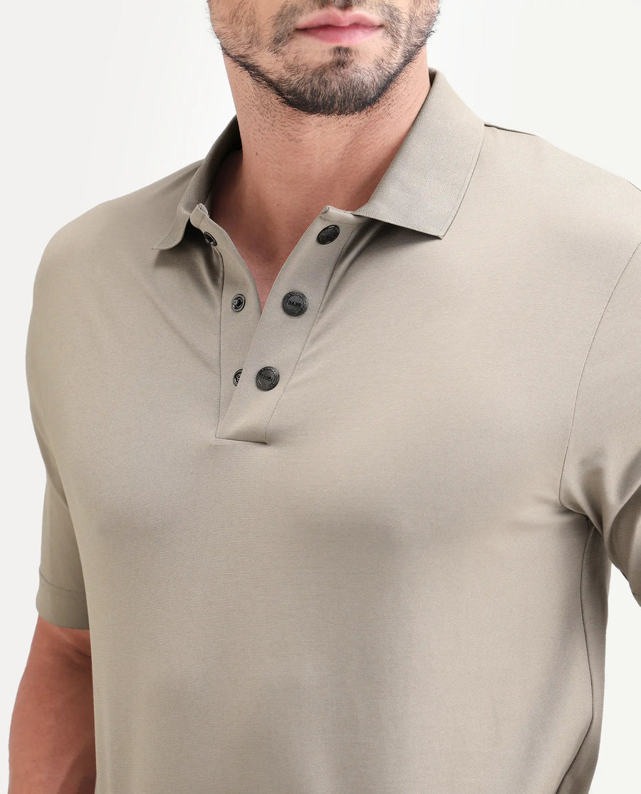 Rare Rabbit Men's Tang-S26 Dusky Beige Cotton Blend Fabric Half Sleeve Spread Collar Regular Fit Plain Polo