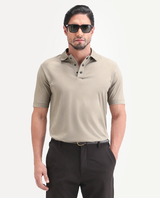 Rare Rabbit Men's Tang-S26 Dusky Beige Cotton Blend Fabric Half Sleeve Spread Collar Regular Fit Plain Polo