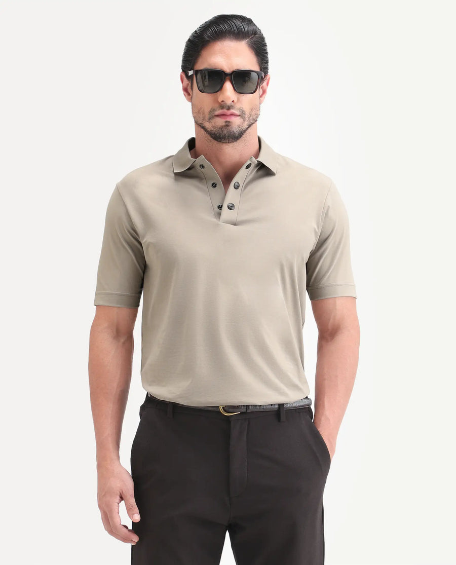Rare Rabbit Men's Tang-S26 Dusky Beige Cotton Blend Fabric Half Sleeve Spread Collar Regular Fit Plain Polo