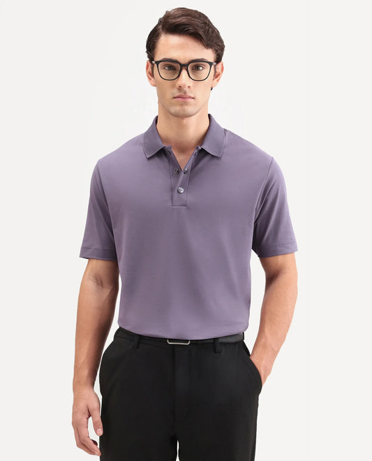 Rare Rabbit Men's Tang-S26 Dusky Purple Cotton Blend Fabric Half Sleeve Spread Collar Regular Fit Plain Polo