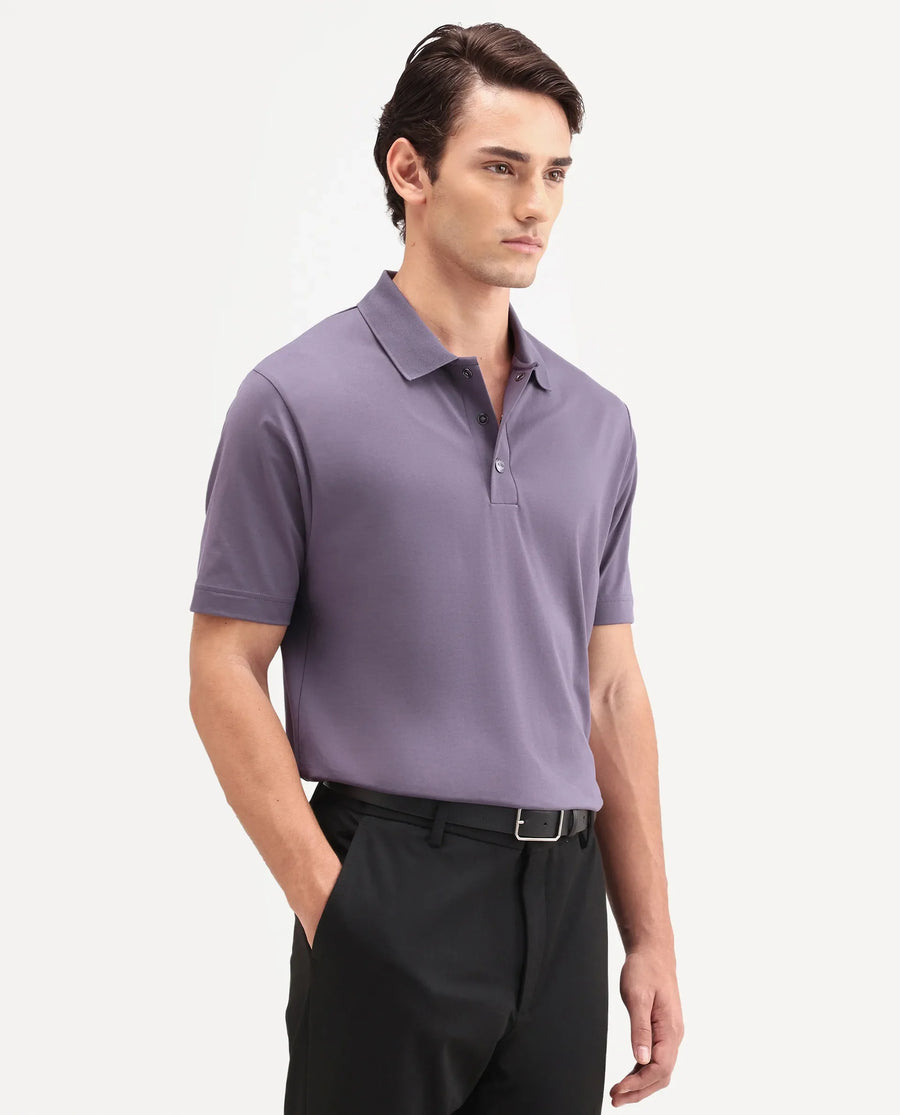 Rare Rabbit Men's Tang-S26 Dusky Purple Cotton Blend Fabric Half Sleeve Spread Collar Regular Fit Plain Polo