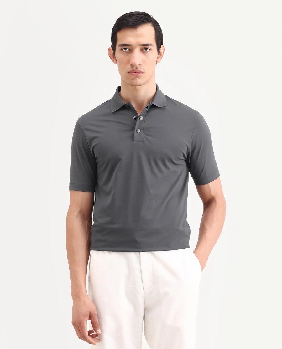 Rare Rabbit Men's Tang-S26 Grey Cotton Blend Fabric Half Sleeve Spread Collar Regular Fit Plain Polo