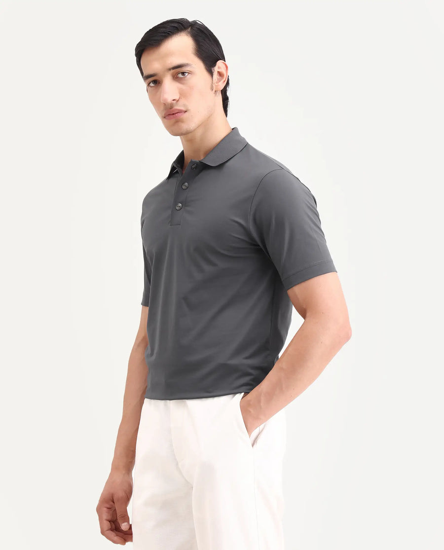 Rare Rabbit Men's Tang-S26 Grey Cotton Blend Fabric Half Sleeve Spread Collar Regular Fit Plain Polo