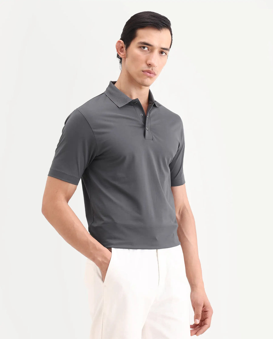 Rare Rabbit Men's Tang-S26 Grey Cotton Blend Fabric Half Sleeve Spread Collar Regular Fit Plain Polo