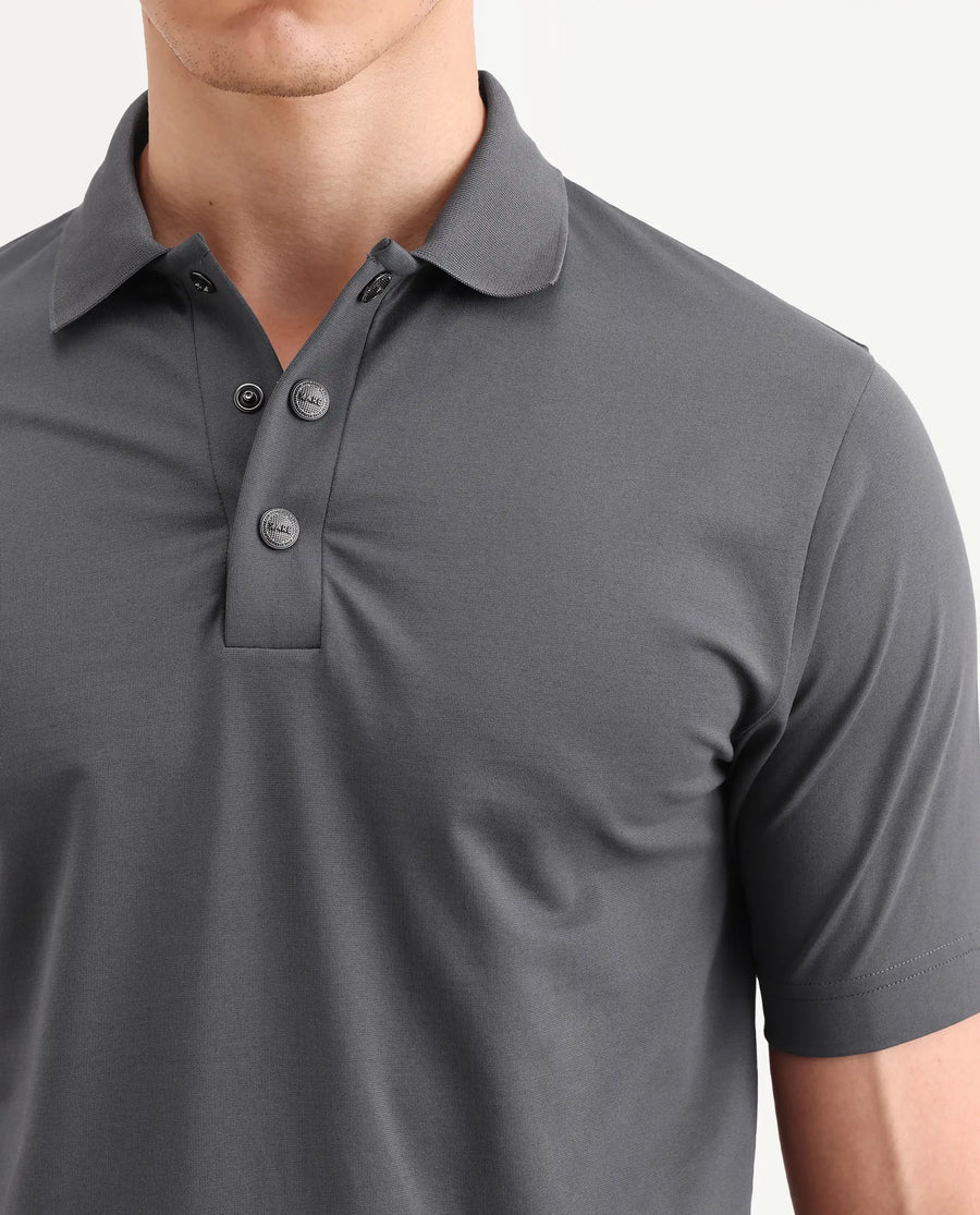 Rare Rabbit Men's Tang-S26 Grey Cotton Blend Fabric Half Sleeve Spread Collar Regular Fit Plain Polo