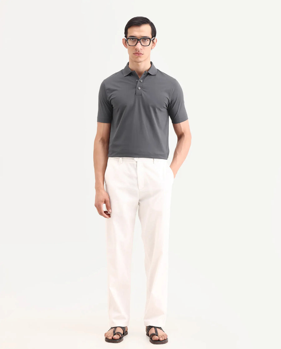 Rare Rabbit Men's Tang-S26 Grey Cotton Blend Fabric Half Sleeve Spread Collar Regular Fit Plain Polo